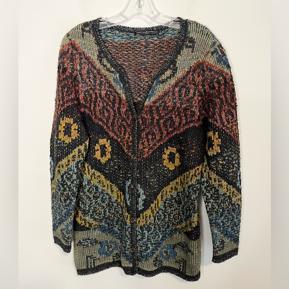 Peruvian Connection Aztec Southwestern Sweater Cardigan. Blues/Gold/Reds. Size M